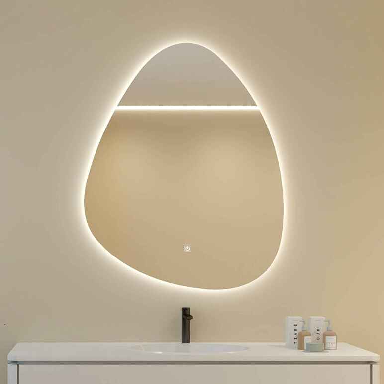 espelho de casa de banho led com formato gota de água retroiluminado com luz led regulável dimmer modelo drop