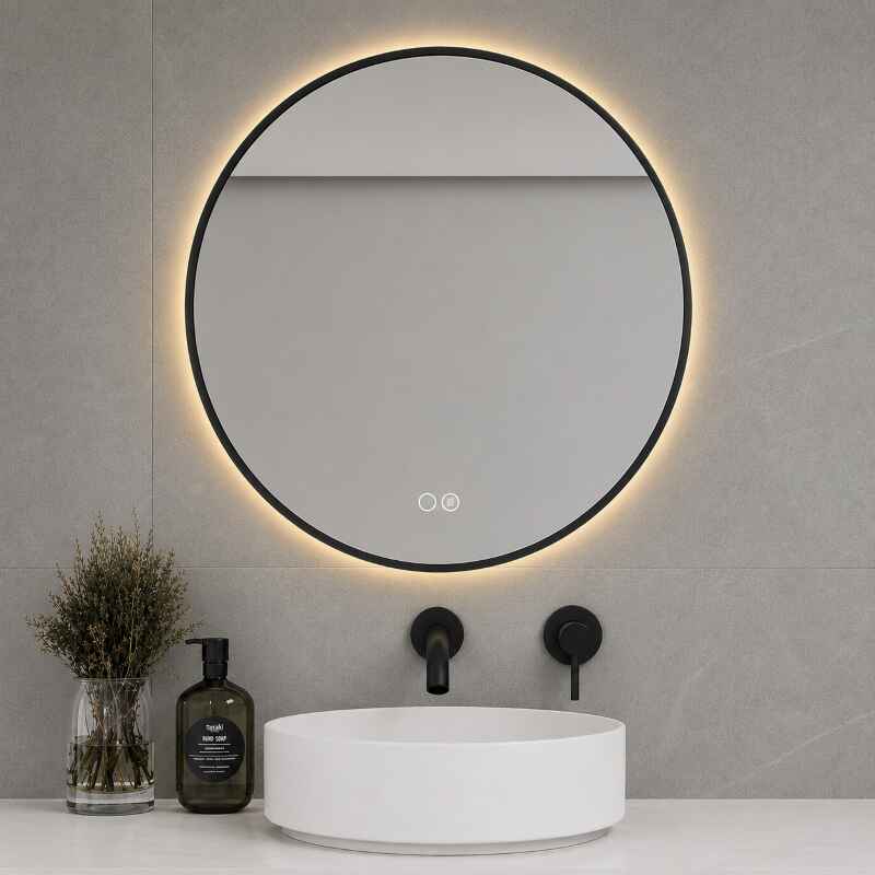 espelho iluminação Led merida black redondo botão aro preto