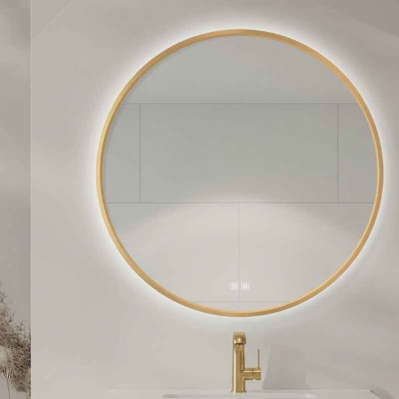 espelho iluminação Led merida gold redondo botão aro dourado