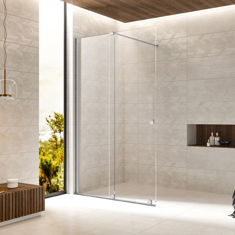 frontal para base de duche cromado vidro temperado 8 mm roldanas aço inox e latão com tratamento anticalcário minimalista e elegante