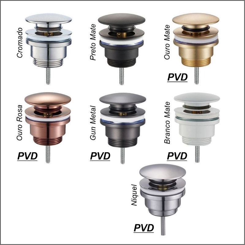 valvula click-clack universal curta latão pvd 7 acabamentos taco largo parafuso